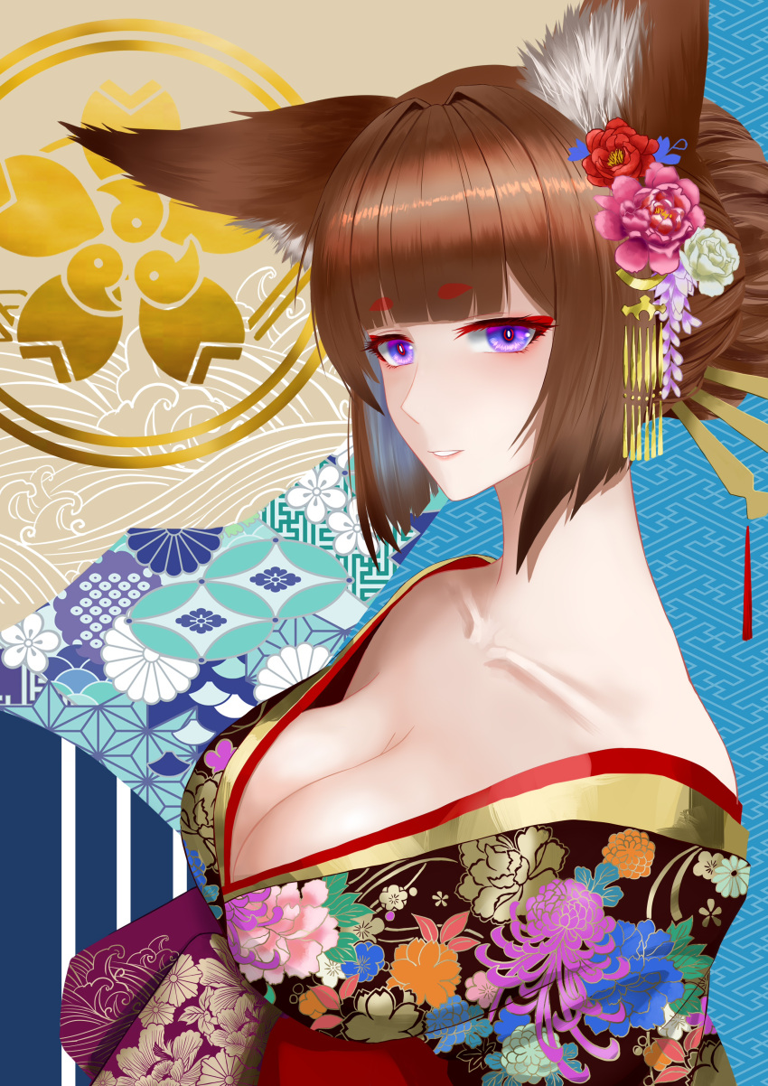 absurdres alternate_costume amagi_(azur_lane) animal_ear_fluff animal_ears azur_lane blush breasts brown_hair collarbone eyeshadow female floral_print flower fox_ears frozen-sad hair_bun hair_flower hair_ornament hair_up highres large_breasts looking_at_viewer makeup mitsudomoe_(shape) pale_skin purple_eyes short_eyebrows single_hair_bun solo tomoe_(symbol) upper_body