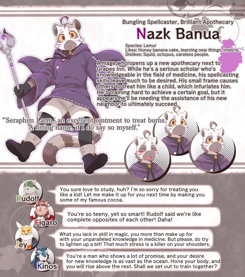 anthro blush bottomwear character_bio chardonnay_romancia clothing cotton_(artist) english_text gloves handwear hi_res lemur male mammal nazk_banua primate shorts staff strepsirrhine text