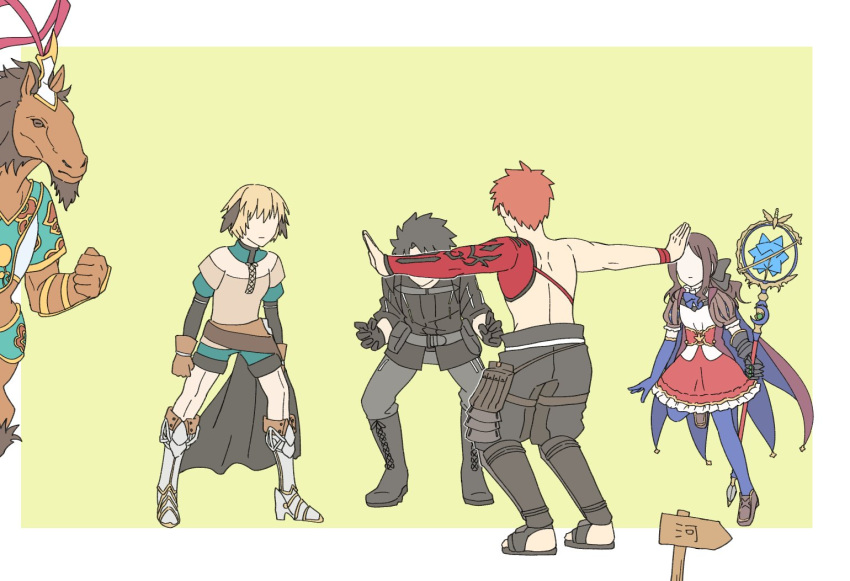 2girls 3boys armored_boots black_hair blonde_hair boots brown_hair cape commentary_request emiya_shirou fate/grand_order fate_(series) fujimaru_ritsuka_(male) fujimaru_ritsuka_(male)_(polar_chaldea_uniform) full_body gareth_(fate) gloves holding horse_head igote jurassic_world leonardo_da_vinci_(fate) leonardo_da_vinci_(rider)_(fate) meme multiple_boys multiple_girls orange_hair outstretched_arms parody pe6n1 prattkeeping_(meme) red_hare_(fate) senji_muramasa_(fate) skirt staff two-tone_background