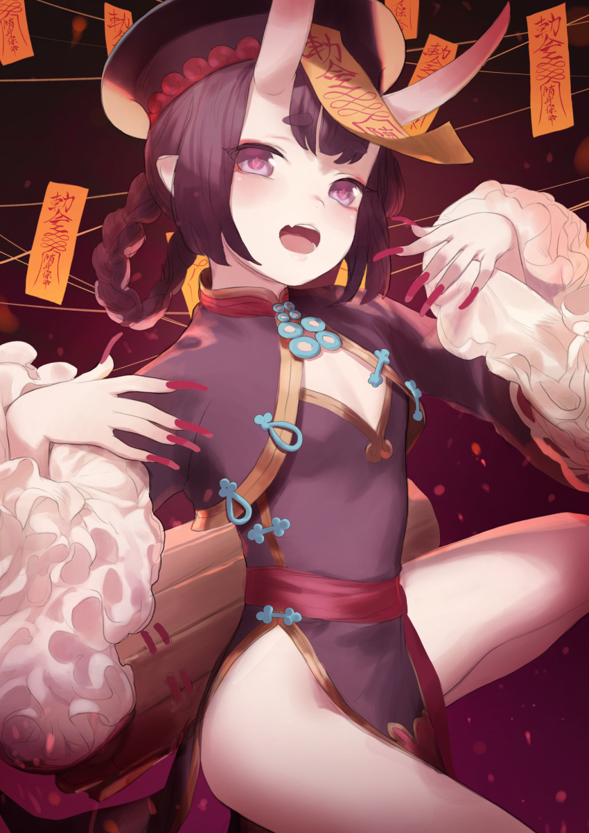 blush braid braided_hair_rings breasts eyeliner fate/grand_order fate_(series) female hair_rings hat highres horns jiangshi long_sleeves looking_at_viewer makeup ofuda oni open_mouth outstretched_arms petite pumpkinspicelatte purple_eyes purple_hair qingdai_guanmao short_hair shuten_douji_(fate) shuten_douji_(festival_outfit)_(fate) skin-covered_horns smile solo zombie_pose