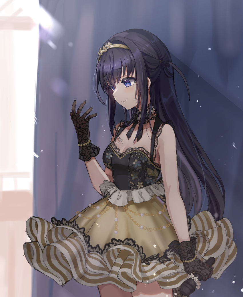 bare_shoulders black_dress black_gloves black_hair black_ribbon blue_eyes blush bracelet breasts cleavage closed_mouth collarbone cowboy_shot curtains dress female frilled_dress frills from_side gloves gold_dress gold_hairband hair_between_eyes hairband highres holding holding_microphone idoly_pride indoors jewelry kaichou_(homehome_h) lace lace_gloves layered_dress legs_together long_bangs long_hair looking_down microphone nagase_mana neck_ribbon one_side_up raised_eyebrows ribbon short_dress sidelocks sleeveless sleeveless_dress small_breasts smile solo straight_hair two-tone_dress