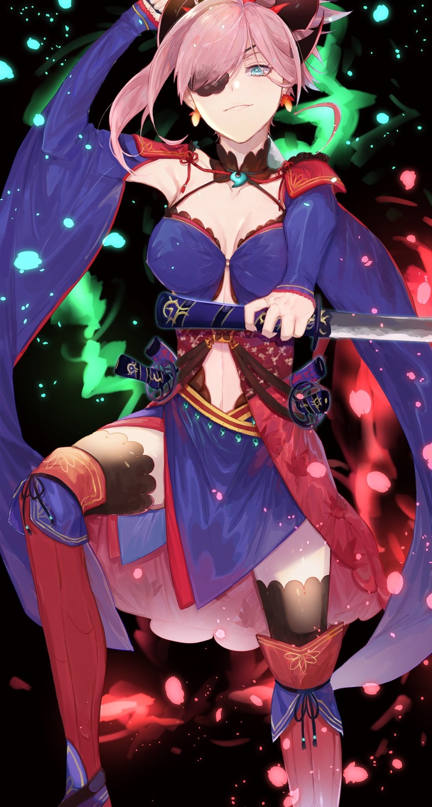 bad_perspective black_thighhighs blue_eyes breasts dual_wielding earrings eyebrows_hidden_by_hair eyepatch fate/grand_order fate_(series) female hair_ornament hair_over_one_eye highres holding holding_sword holding_weapon japanese_clothes jewelry katana kimono looking_at_viewer looking_down miyamoto_musashi_(fate) miyamoto_musashi_(third_ascension)_(fate) necktie one-eyed petals pink_hair ponytail short_hair smile solo stomach sword thighhighs tsuba_(guard) tuze111 weapon