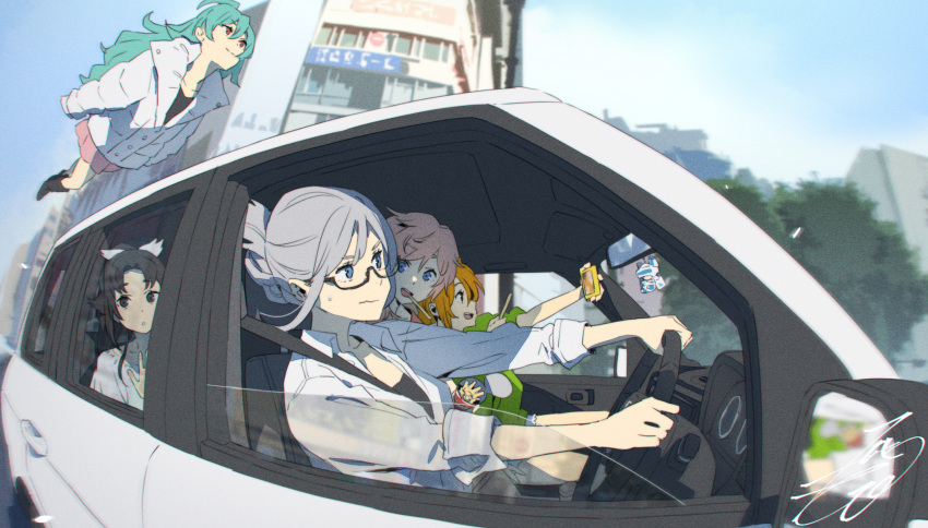 5girls :d :o ahoge black_eyes black_hair blue_eyes blurry blurry_background car city closed_mouth collarbone collared_shirt day driving flying food french_fries glasses green_hair grey_hair hair_between_eyes highres kobayashi_gen long_hair looking_at_another monica_blueash morgana_(school_girl_strikers) motor_vehicle multiple_girls open_mouth orange_hair origami_hina outdoors parted_bangs parted_lips pink_hair pink_skirt red_eyes school_girl_strikers selfie shirt signature skirt smile sports_utility_vehicle sweatdrop tanaka_sachiko_(school_girl_strikers) tierra-sensei wavy_mouth white_car white_shirt