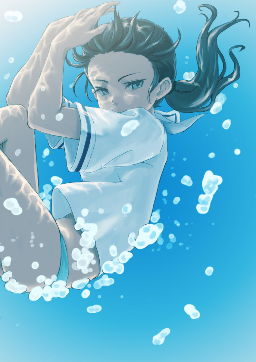 air_bubble arms_up black_hair blouse bubble commentary english_commentary female hair_tie half-closed_eyes highres knees_up kuroneko_douji long_hair looking_at_viewer no_pants original panties ponytail school_uniform serafuku shirt short_sleeves solo submerged underwater underwear water white_panties white_shirt