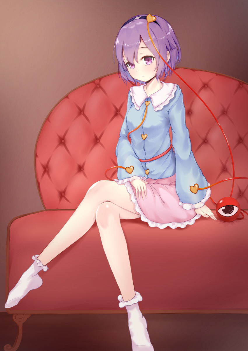 absurdres black_hairband blue_shirt bobby_socks closed_mouth commentary couch crossed_legs female full_body hairband hand_on_lap heart highres komeiji_satori long_sleeves looking_at_viewer mantou_xiang on_couch pink_eyes pink_hair pink_skirt purple_hair shirt short_hair sitting skirt socks solo third_eye touhou white_socks wide_sleeves