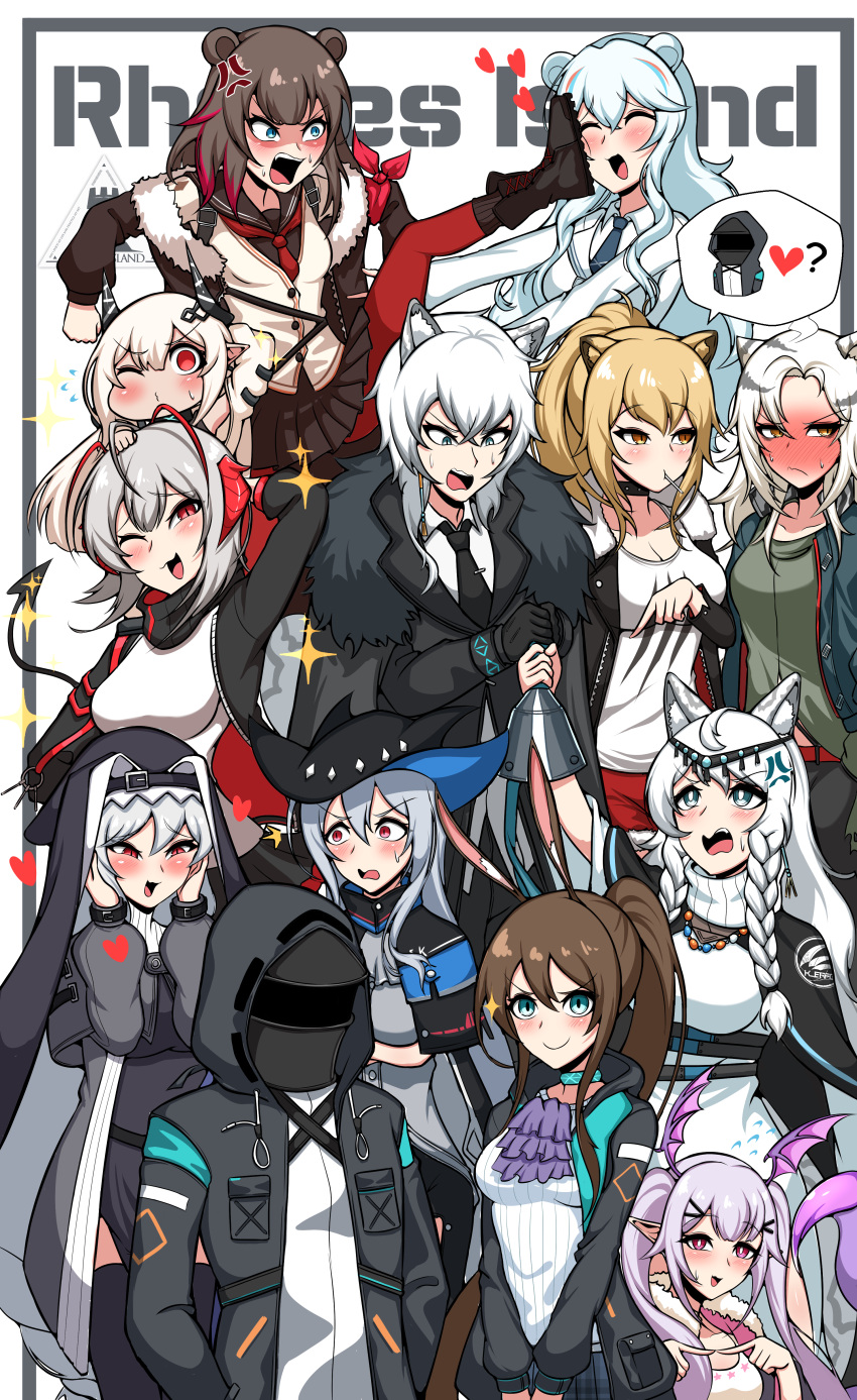 1boy 1other 6+girls :d ^^^ absurdres amiya_(arknights) anger_vein animal_ear_fluff animal_ears arknights arms_under_breasts ascot bead_necklace beads bear_ears bell belt black_cape black_capelet black_choker black_coat black_dress black_gloves black_hair black_headwear black_horns black_jacket black_necktie black_sailor_collar black_scarf black_skirt black_thighhighs blonde_hair blue_eyes blue_necktie blush boots braid breasts brother_and_sister brown_eyes brown_footwear brown_hair candy cape capelet chibi choker cleavage closed_mouth coat collarbone commentary cropped_torso dated demon_tail doctor_(arknights) dress embarrassed fangs flying_sweatdrops food food_in_mouth fur-trimmed_cape fur-trimmed_jacket fur_trim gloves grey_eyes grey_hair grey_shirt habit hair_between_eyes hair_ornament hairclip hand_up hands_on_own_face hat head_wings heart high_collar highres holding holding_bell hood hood_down hooded_coat hooded_jacket horns index_fingers_together indra_(arknights) infection_monitor_(arknights) jacket jewelry jumpsuit kicking kjerag_logo knee_up korean_commentary large_breasts leopard_boy leopard_ears lion_ears lollipop long_hair long_sleeves looking_at_viewer looking_away manggapaegtoli manticore_(arknights) medium_breasts midriff mudrock_(arknights) multicolored_hair multiple_girls nail_polish neckerchief necklace necktie nun on_head one_eye_closed open_clothes open_coat open_jacket open_jumpsuit open_mouth pantyhose parted_lips pointing pointing_at_another ponytail pramanix_(arknights) purple_ascot purple_hair rabbit_ears red_eyes red_hair red_horns red_neckerchief red_pantyhose red_shorts rhodes_island_logo_(arknights) ribbed_sweater rosa_(arknights) sailor_collar scarf scorpion_tail shirt short_hair shorts siblings sidelocks siege_(arknights) silverash_(arknights) skadi_(arknights) skirt sky smile smug socks sparkle specter_(arknights) speech_bubble spoken_character streaked_hair sweat sweater tail tank_top teeth thighhighs tiger_ears turtleneck turtleneck_dress turtleneck_sweater twin_braids twintails underbust underwear upper_body v-shaped_eyebrows very_long_hair w_(arknights) white_background white_belt white_dress white_hair white_headwear white_jacket white_jumpsuit white_shirt white_sweater white_tank_top wings zima_(arknights)