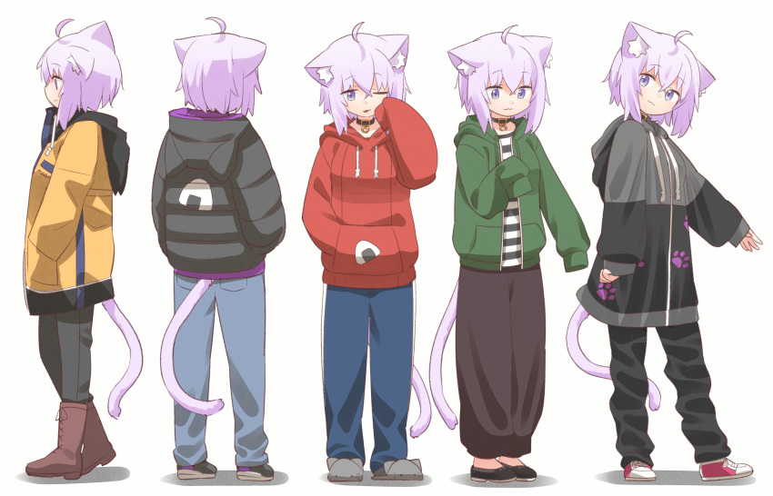 :3 ahoge alternate_costume animal_collar animal_ear_fluff animal_ears baggy_pants black_collar boots casual cat_ears cat_girl cat_tail collar female hair_between_eyes hands_in_pockets highres hololive hood hooded_jacket hoodie jacket looking_at_viewer multiple_views nekomata_okayu onigiri_print pants ponono purple_eyes purple_hair shoes short_hair simple_background sleeves_past_fingers sleeves_past_wrists slippers smile sneakers standing tail virtual_youtuber white_background