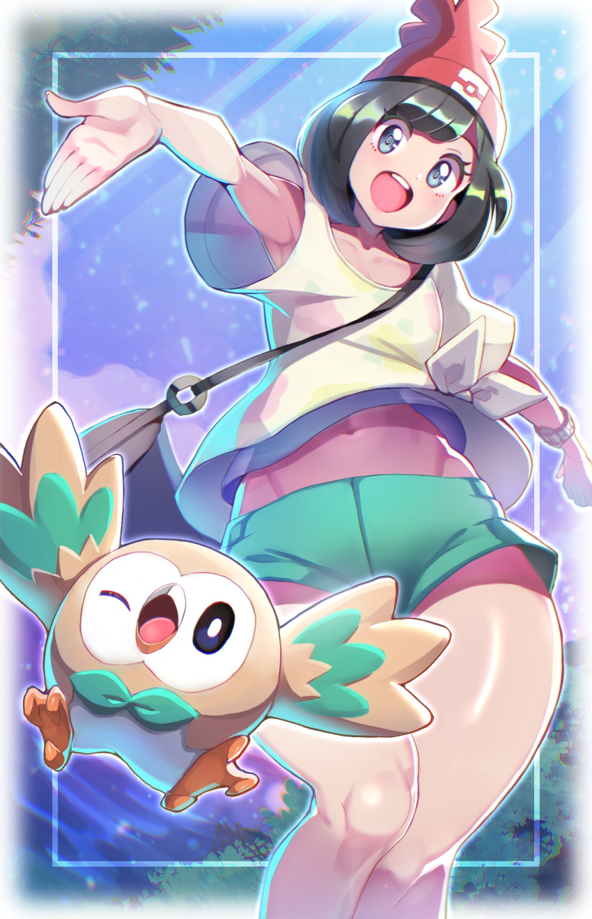 bag beanie black_hair blue_eyes female from_below green_shorts hat highres looking_at_viewer medium_hair navel one_eye_closed open_mouth pokemon pokemon_(creature) pokemon_sm red_headwear rowlet selene_(pokemon) shirt short_shorts short_sleeves shorts shoulder_bag teeth upper_teeth_only white_shirt yasu_suupatenin