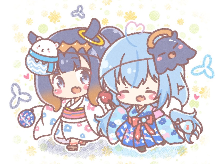 2girls ^_^ ahoge black_eyes blue_hair blue_kimono bow chibi closed_eyes daifuku_(yukihana_lamy) heart heart_ahoge hololive hololive_english japanese_clothes kimono long_hair mitarashi_neko multiple_girls ninomae_ina'nis obi oerba_yun_fang open_mouth pointy_ears red_bow sash skin_fang smile takodachi_(ninomae_ina'nis) twintails virtual_youtuber white_kimono yukata yukihana_lamy yukihana_lamy_(new_year)