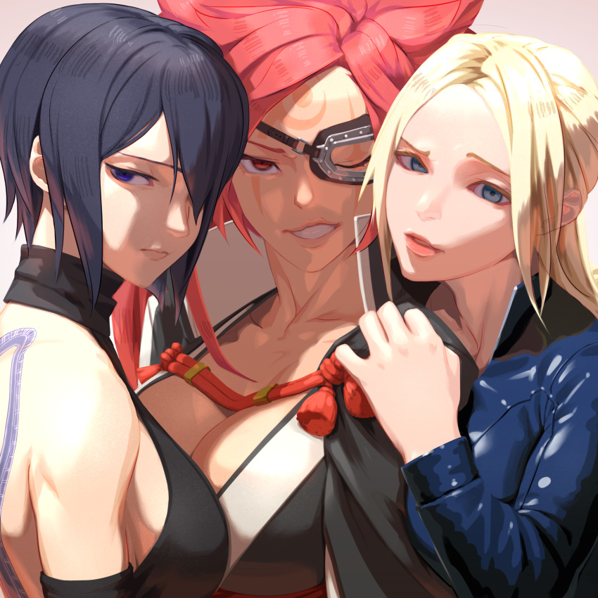 3girls absurdres amputee arm_on_another's_shoulder back_tattoo baiken black_hair black_kimono blonde_hair blue_bodysuit blue_eyes bodysuit breast_press breasts cleavage commentary_request crossover eyepatch facial_tattoo forehead grin guilty_gear guilty_gear_strive hair_over_one_eye highres huge_breasts japanese_clothes kataginu kimono large_breasts leotard lips long_hair looking_at_viewer multiple_crossover multiple_girls nina_williams nose one-eyed pink_hair ponytail popped_collar purple_eyes red_eyes red_rope rope ryohhe samurai_spirits scar scar_across_eye shiki_(samurai_spirits) short_hair sideboob smile snake_tattoo tattoo tekken tekken_7 turtleneck turtleneck_leotard