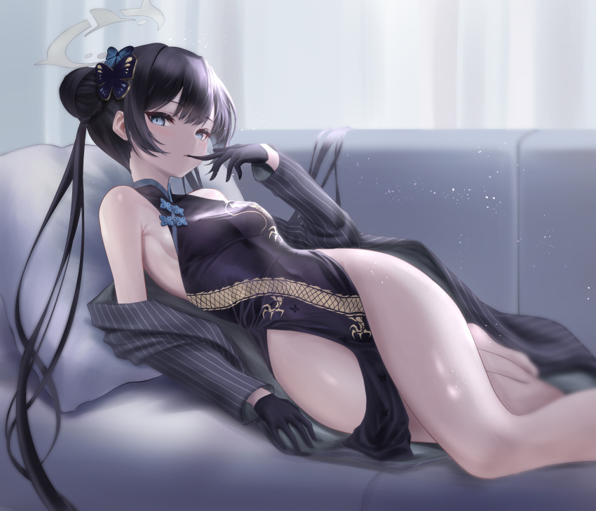 absurdres bare_legs bare_shoulders barefoot black_coat black_dress black_gloves black_hair blue_archive blue_eyes blush breasts butterfly_hair_ornament china_dress chinese_clothes coat couch double_bun dress female gloves hair_bun hair_ornament halo highres indoors kisaki_(blue_archive) long_hair long_sleeves looking_at_viewer lying noa_(skae3323) off_shoulder on_back on_couch open_clothes open_coat parted_lips pelvic_curtain small_breasts solo thighs twintails very_long_hair