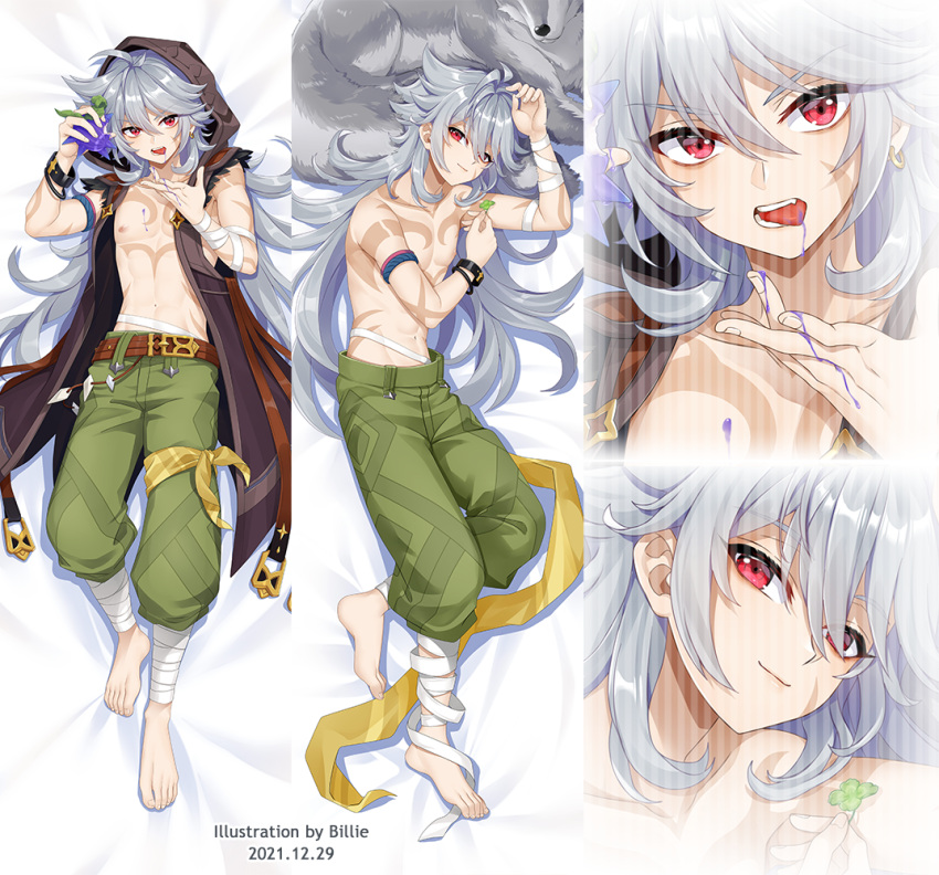 1boy ahoge belt billie_(meng_gong_fang) black_hood bone_necklace brown_belt clover dakimakura_(medium) four-leaf_clover genshin_impact green_pants grey_hair hood hood_up long_hair male_focus multiple_views pants razor_(genshin_impact) red_eyes scar scar_on_arm scar_on_face wolf wolf_boy wolfhook_(genshin_impact) wolfhook_juice_(genshin_impact)