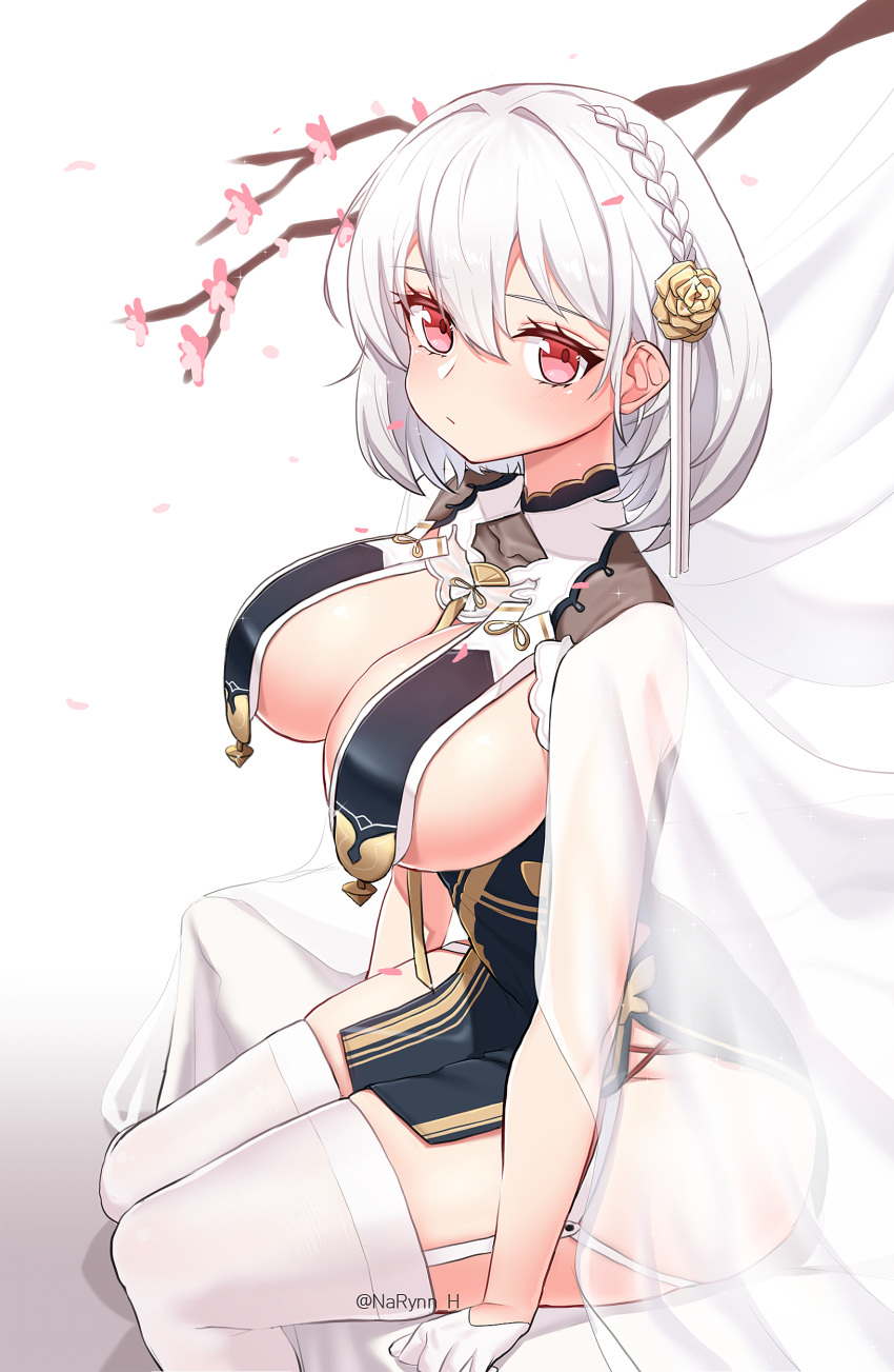 absurdres artist_name azur_lane bad_id bad_pixiv_id blush braid branch breast_curtains breasts cherry_blossoms china_dress chinese_clothes cleavage commentary dress expressionless female flower garter_belt gloves hair_flower hair_ornament highres large_breasts looking_at_viewer narynn official_alternate_costume on_bed pink_eyes revealing_clothes see-through short_hair sirius_(azur_lane) sirius_(azure_horizons)_(azur_lane) sitting solo sparkle thighhighs twitter_username white_gloves white_hair white_thighhighs