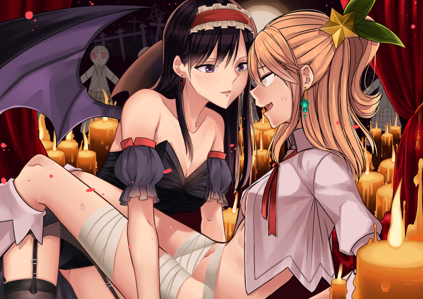 2girls absurdres aihara_mei aihara_yuzu bandages bare_shoulders black_legwear blonde_hair breasts candle candle_wax candlelight citrus_(saburouta) cleavage collarbone commentary demon_wings earrings english_commentary fire frilled_hairband frills from_side garter_straps green_ribbons hair_ornament hair_ribbon hairband halloween halloween_costume high_collar highres inseki jewelry knees_up medium_breasts multiple_girls navel no_bra open_mouth purple_eyes red_hairband ribbon shirt sitting sleeveless small_breasts star_(symbol) star_hair_ornament step-siblings step-sisters sweatdrop sweet_reverie thighhighs white_legwear white_shirt wings yuri