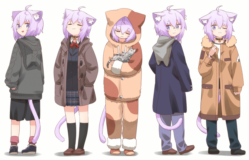 :3 ahoge alternate_costume animal animal_collar animal_ear_fluff animal_ears black_collar cat_ears cat_girl cat_tail coat collar cradling female hair_between_eyes highres holding holding_animal hololive hood hooded_pajamas hooded_sweater jacket looking_at_viewer medium_hair multiple_views nekomata_okayu onesie onigiri_print pajamas plaid plaid_skirt ponono purple_eyes purple_hair school_uniform simple_background skirt smile standing sweater tail temari_(nekomata_okayu) virtual_youtuber white_background