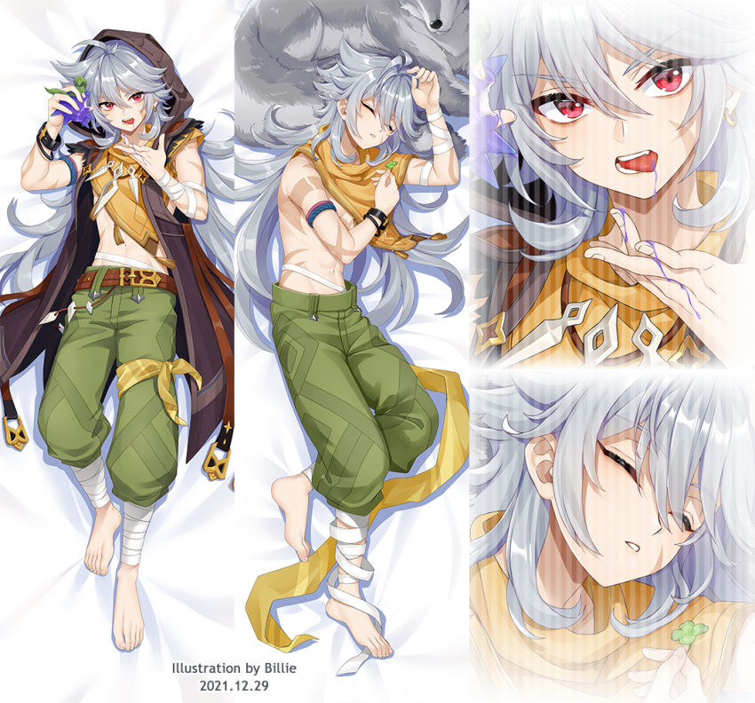 1boy ahoge belt billie_(meng_gong_fang) black_hood bone_necklace brown_belt clover dakimakura_(medium) four-leaf_clover genshin_impact green_pants grey_hair hood hood_up long_hair male_focus multiple_views pants razor_(genshin_impact) red_eyes scar scar_on_arm scar_on_face wolf wolf_boy wolfhook_(genshin_impact) wolfhook_juice_(genshin_impact)