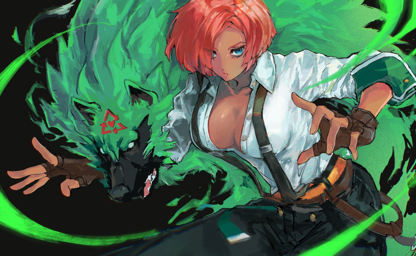 animal_ears arrow_(symbol) belt black_background blue_eyes breasts brown_gloves cleavage collarbone collared_shirt dark-skinned_female dark_skin female fingerless_gloves found_modori giovanna_(guilty_gear) gloves guilty_gear guilty_gear_strive hair_over_one_eye highres large_breasts pants recycling_symbol red_hair rei_(guilty_gear) shirt simple_background suspenders white_shirt wolf wolf_ears