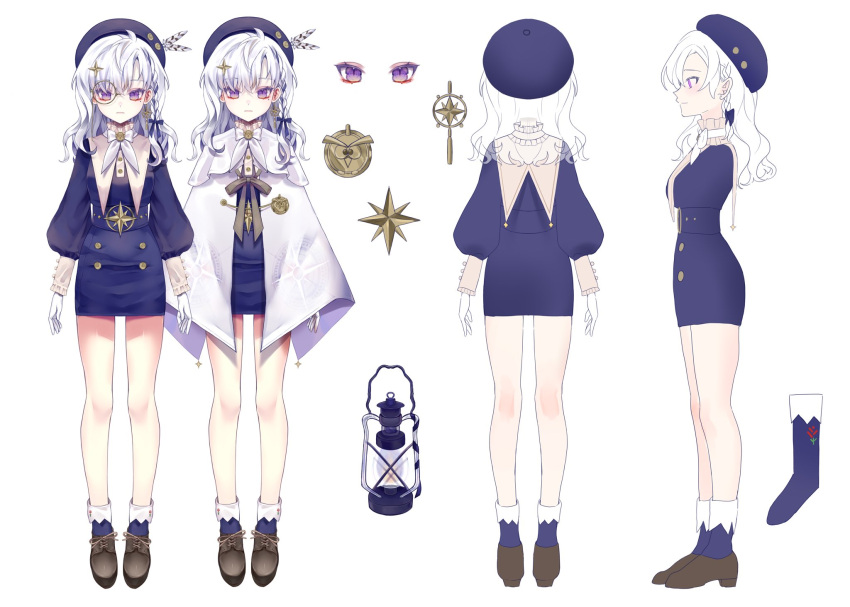 asymmetrical_bangs bare_legs blue_headwear blue_shirt blue_skirt braid bubo closed_mouth expressionless female full_body gem_(symbol) glasses gloves hat highres indie_virtual_youtuber lantern long_hair long_sleeves miniskirt multiple_views official_art pale_skin pencil_skirt puffy_long_sleeves puffy_sleeves purple_eyes reference_sheet shirt side_braid simple_background skirt star_(symbol) tokkieee_qian tsurime turnaround virtual_youtuber white_background white_gloves white_hair