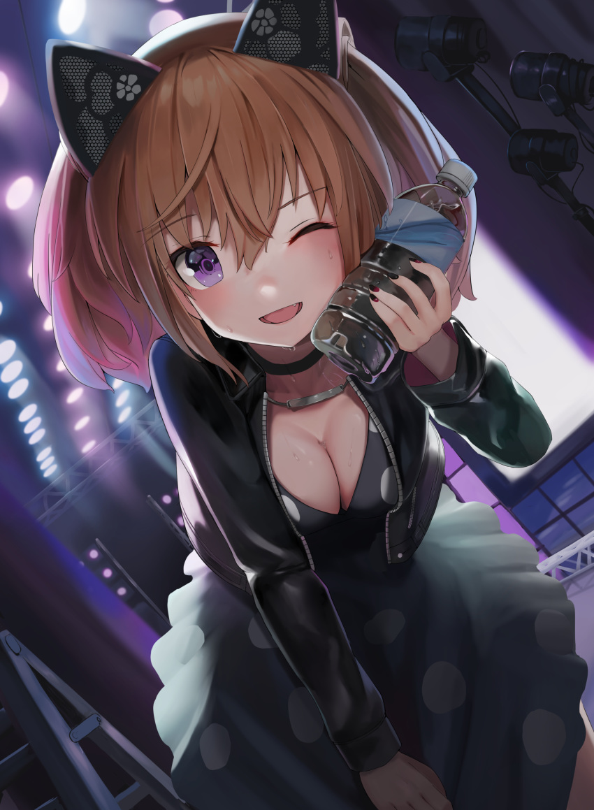 absurdres alice_gear_aegis bottle breasts brown_hair choker cleavage commentary_request dress dutch_angle female hair_between_eyes highres jacket jewelry kimikage_yui large_breasts leaning_forward leather leather_jacket long_sleeves looking_at_viewer medium_hair nail_polish necklace oerba_yun_fang one_eye_closed open_clothes open_jacket polka_dot polka_dot_dress purple_eyes solo stage sunga2usagi sweat water_bottle