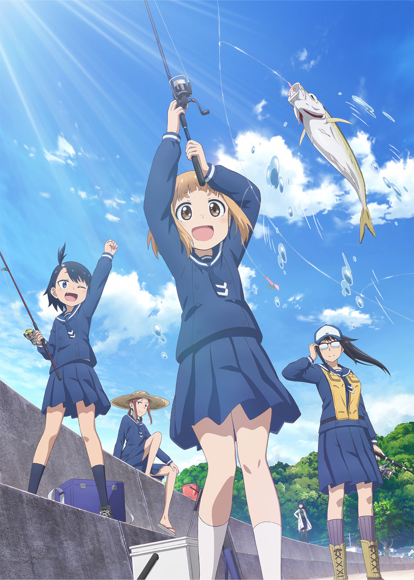 5girls :d backpack bag black_hair black_legwear blue_eyes blue_jacket blue_skirt blue_sky boots box brown_eyes brown_hair bucket building cloud day dock door fish fishing fishing_line fishing_lure fishing_rod garage glasses green_sweater hat highres hodaka_natsumi holding holding_fishing_rod houkago_teibou_nisshi house jacket key_visual kotani_sayaka kuroiwa_yuuki lab_coat lens_flare multiple_girls oerba_yun_fang official_art oono_makoto opaque_glasses open_mouth outdoors pleated_skirt power_lines promotional_art road school_uniform shoes sitting skirt sky smile socks sparkle standing sun sun_hat sweater tree tsurugi_hina water water_drop white_legwear