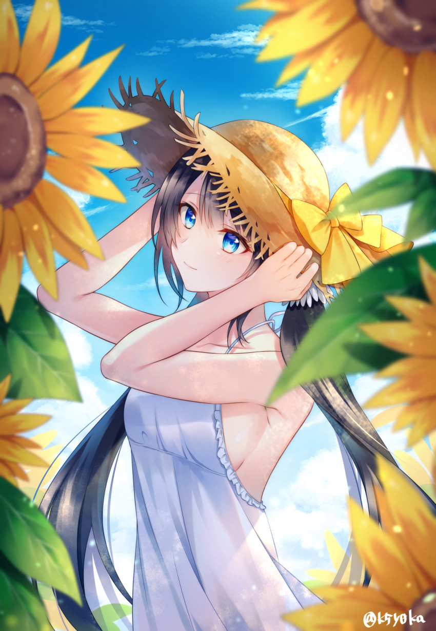 arms_up artist_name bare_arms bare_shoulders blue_eyes blue_sky blush bow breasts collarbone commentary_request day dress female flower frilled_dress frills hands_on_headwear hat highres koyoka long_hair looking_at_viewer medium_breasts original outdoors sideboob sky sleeveless smile solo sun_hat sundress sunflower white_dress yellow_bow yellow_flower