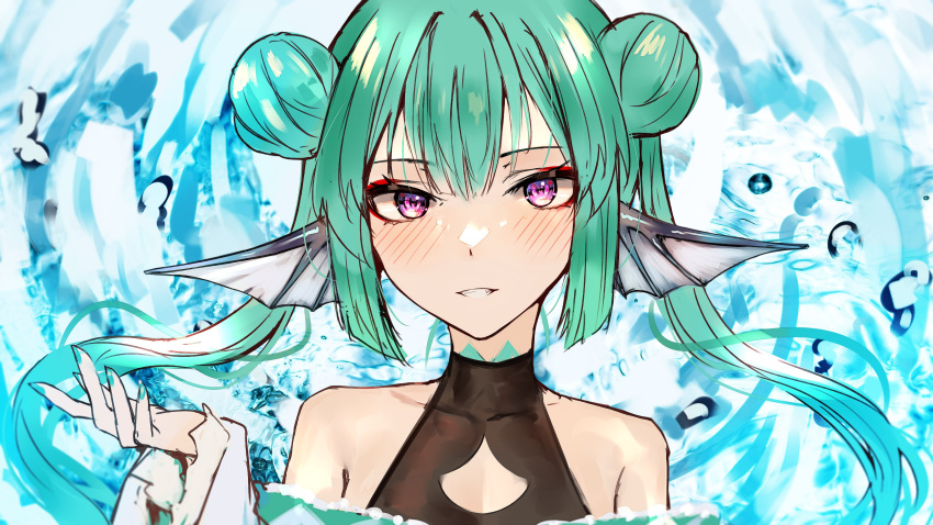 absurdres blush double_bun eyeshadow female finana_ryugu finana_ryugu_(2nd_costume) fins fish_girl green_hair hair_bun head_fins highres long_hair looking_at_viewer makeup naokomama nijisanji nijisanji_en official_alternate_costume open_hand parted_lips portrait purple_eyes red_eyeshadow smile solo straight-on twintails virtual_youtuber