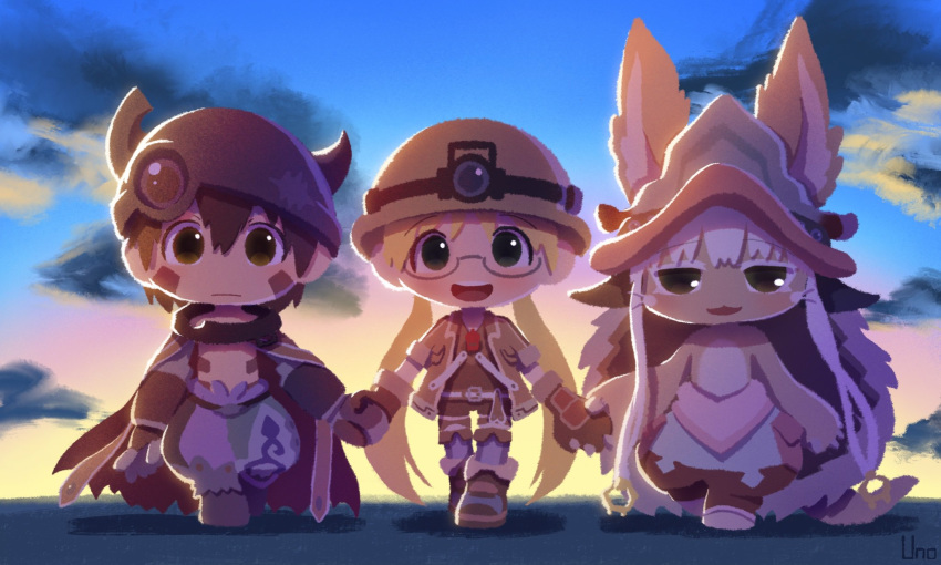 anthro chibi clothed clothing cloud cybernetic_arm cybernetic_limb cybernetics cyborg eyewear female fur glasses group hi_res human lagomorph looking_at_viewer machine made_in_abyss male mammal nanachi narehate open_mouth open_smile reg_(made_in_abyss) riko_(made_in_abyss) smile standing tan_body tan_fur uno_yuuji