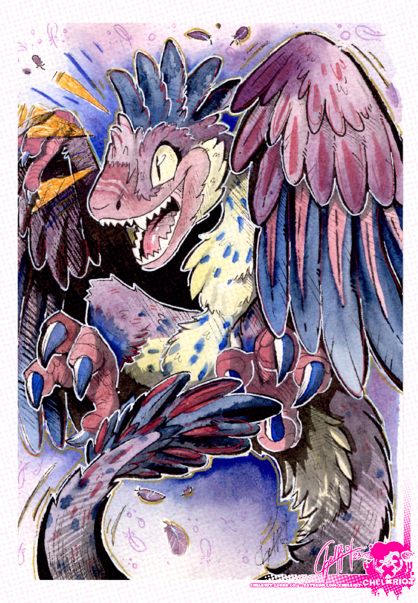 absurd_res blue_body blue_feathers cawbaret claws dinosaur dromaeosaurid extinct fangs feathered_arms feathers grey_body grey_feathers hi_res open_mouth painting_(artwork) pink_body pink_feathers prehistoric_species purple_body purple_feathers reptile scalie teeth theropod traditional_media_(artwork) watercolor_(artwork) yellow_body yellow_feathers