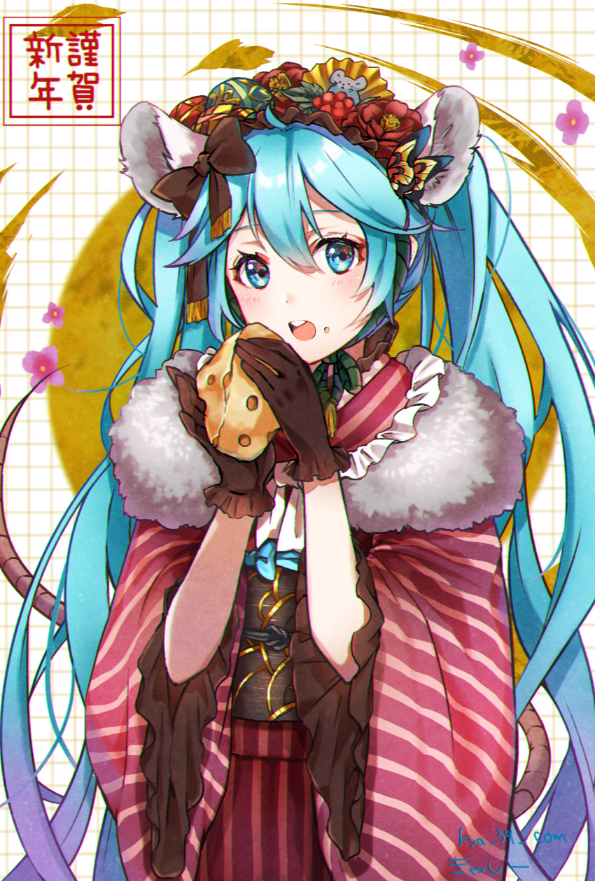 animal_ears aqua_eyes aqua_hair cheese commentary_request female food gloves hair_ornament hatsune_miku highres japanese_clothes kimono kyashii_(a3yu9mi) long_hair mouse_ears partial_commentary twintails very_long_hair vocaloid