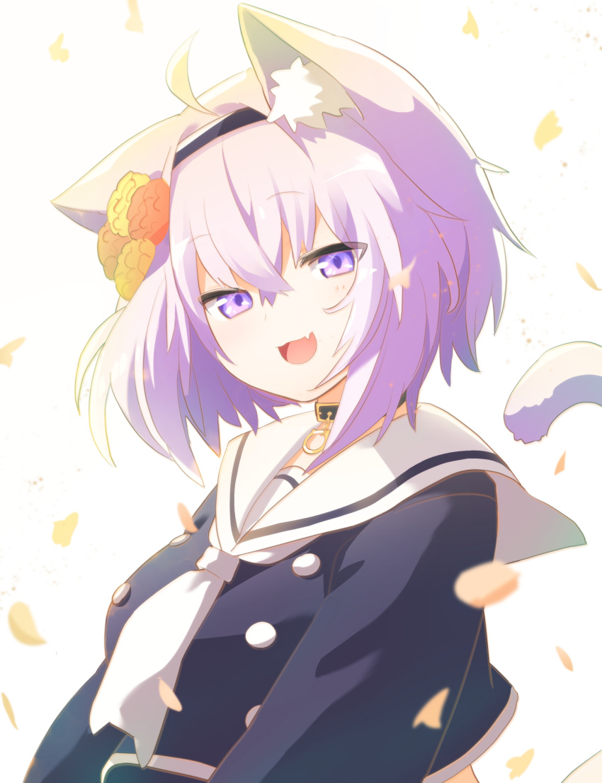 :3 :d ahoge animal_collar animal_ear_fluff animal_ears black_collar black_shirt blouse blurry buttons cat_ears cat_girl cat_tail collar crop_top depth_of_field double-breasted female flower from_side hair_between_eyes hair_flower hair_ornament hairband highres hololive light_blush looking_at_viewer neckerchief nekomata_okayu nekomata_okayu_(casual) oerba_yun_fang official_alternate_costume open_mouth petals ponono purple_eyes purple_hair sailor_collar school_uniform serafuku shirt short_hair skin_fang smile solo tail upper_body virtual_youtuber white_background white_neckerchief