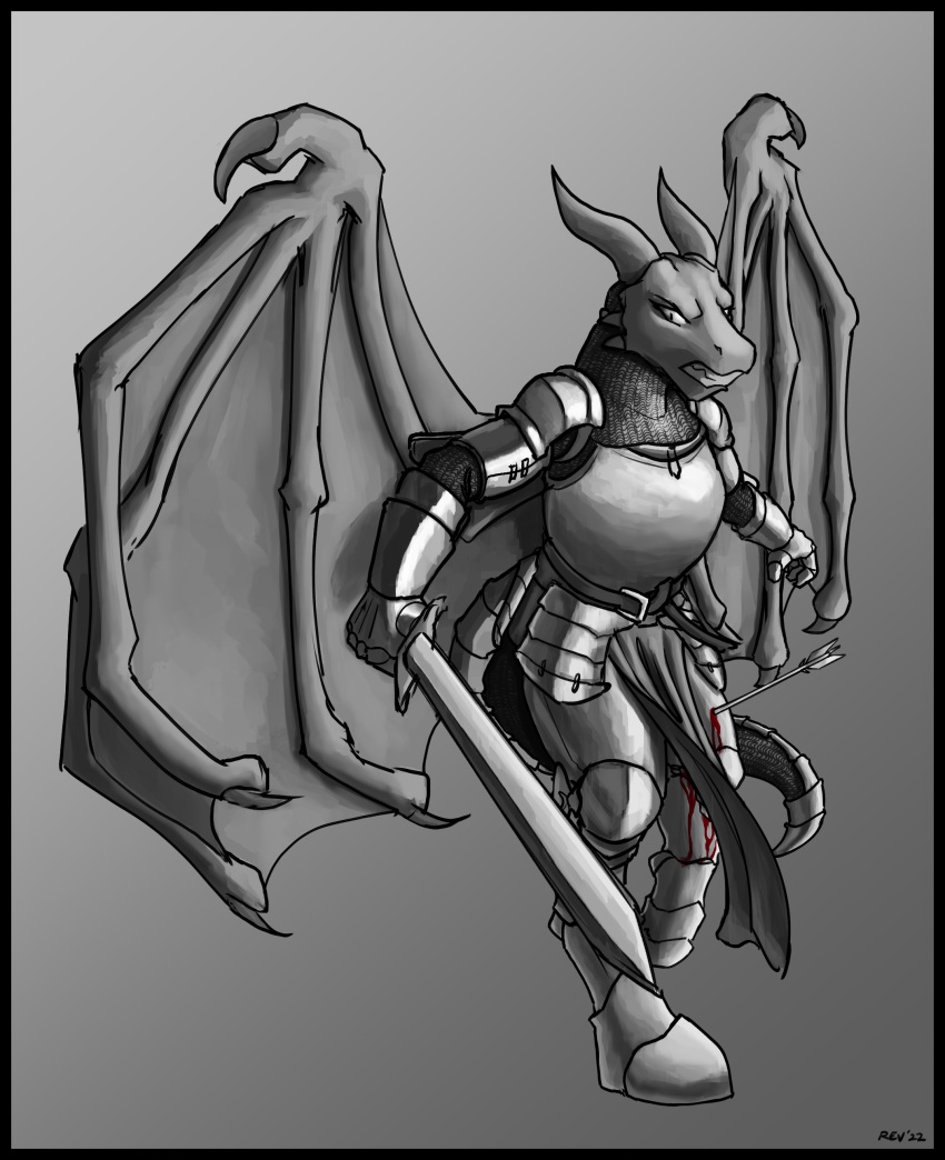 absurd_res angry anthro armor black_border blood bodily_fluids border dragon dragonborn_(dnd) dungeons_and_dragons exposure_variation female full-length_portrait gradient_background hasbro hi_res melee_weapon membrane_(anatomy) membranous_wings monochrome mythological_creature mythological_scalie mythology portrait revertigo scalie signature simple_background solo spread_wings sword tail weapon wings wizards_of_the_coast wounded