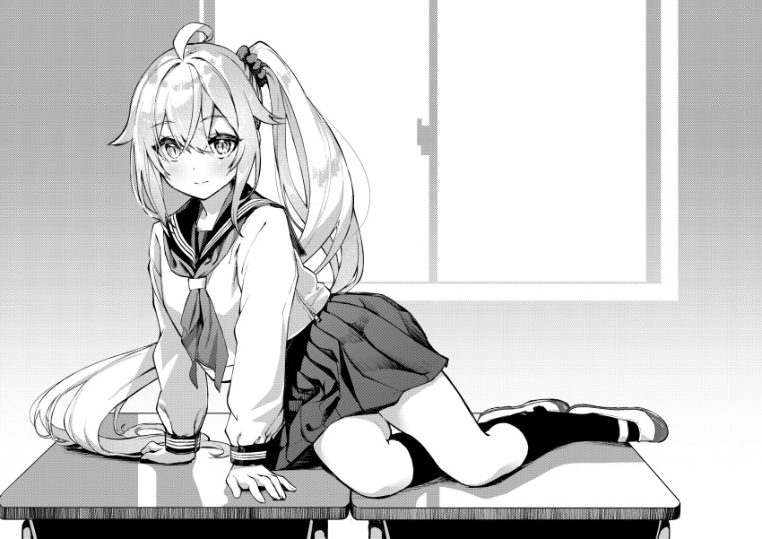 ahoge black_skirt blush closed_mouth commentary_request crossed_bangs desk female full_body greyscale hair_between_eyes hair_ornament hair_scrunchie highres indoors kneehighs knees long_hair looking_at_viewer monochrome neckerchief on_desk original pleated_skirt ponytail sailor_collar school school_desk school_uniform scrunchie serafuku shirono_mirai shoes sidelocks sitting skirt socks solo thighs uwabaki window yokozuwari zero_(miraichizu)