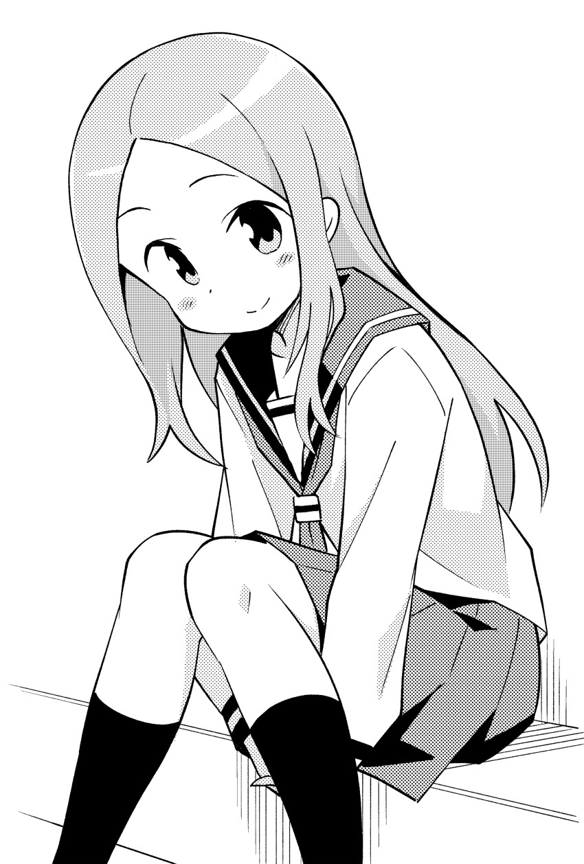 absurdres anbe_masahiro blouse blush_stickers closed_mouth commentary_request dot_nose feet_out_of_frame female forehead from_side greyscale halftone hatching_(texture) highres karakai_jouzu_no_takagi-san kneehighs knees_together_feet_apart leaning_forward linear_hatching long_hair long_sleeves looking_at_viewer looking_to_the_side monochrome neckerchief parted_bangs pleated_skirt school_uniform serafuku shirt simple_background sitting skirt smile socks solo split_mouth straight_hair takagi-san tareme white_background