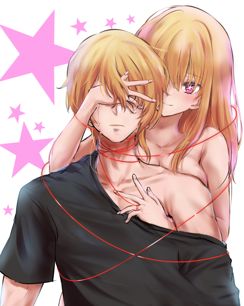 1boy black_shirt blonde_hair breast_press breasts brother_and_sister closed_mouth clothed_male_nude_female collarbone commentary_request covering_another's_eyes crying female hair_between_eyes highres hoshino_aquamarine hoshino_ruby kimura_shuuichi long_hair medium_breasts nail_polish nude oshi_no_ko parted_lips partial_commentary pink_eyes pink_nails shirt short_hair siblings sidelocks single_bare_shoulder single_off_shoulder star-shaped_pupils star_(symbol) string string_of_fate symbol-shaped_pupils t-shirt tears twins white_background