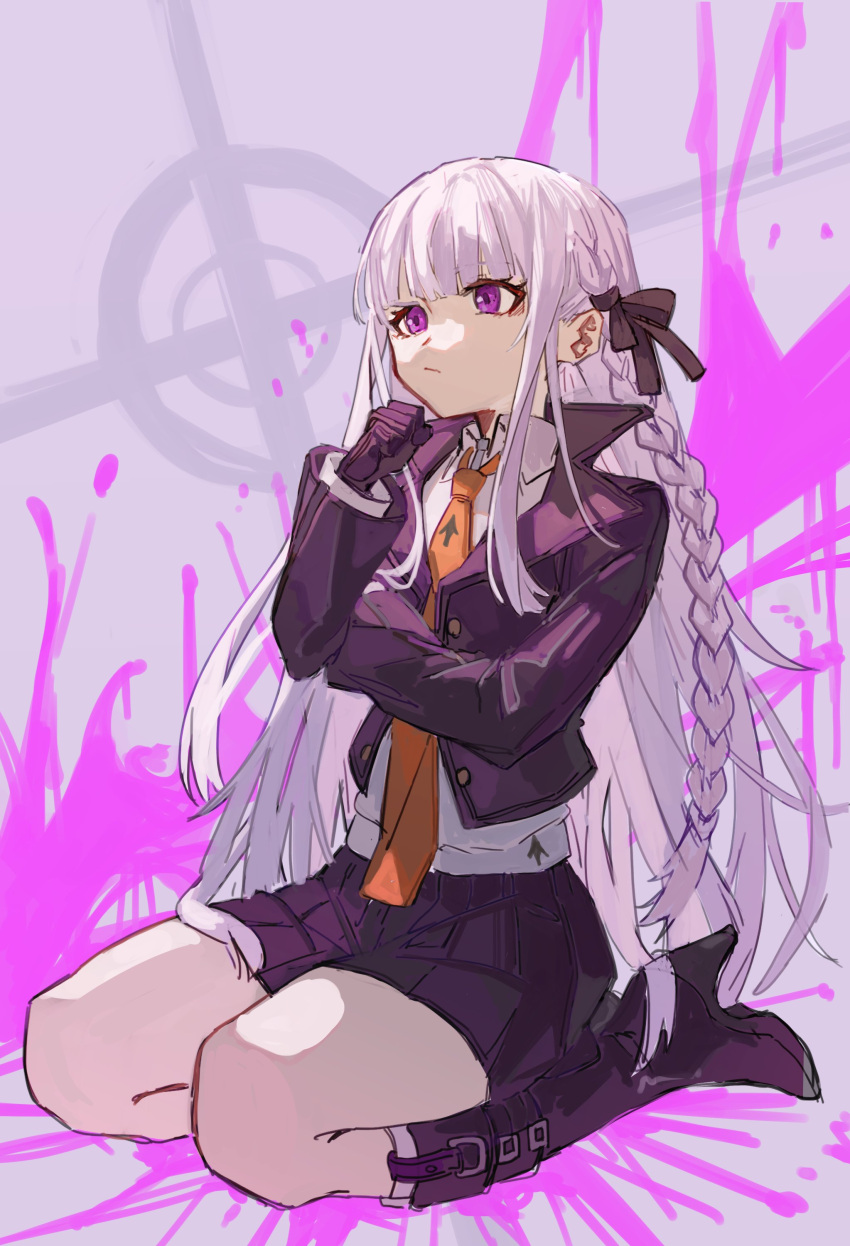 absurdres bad_id bad_twitter_id black_ribbon boots braid brown_necktie closed_mouth collared_shirt danganronpa:_trigger_happy_havoc danganronpa_(series) female grey_background grey_hair grey_shirt hair_ribbon high_heel_boots high_heels highres jacket kirigiri_kyoko knee_boots kurattes long_hair long_sleeves miniskirt necktie open_clothes open_jacket pink_background pleated_skirt purple_eyes red_skirt ribbon shirt side_braid sitting skirt solo square-end_necktie thinking