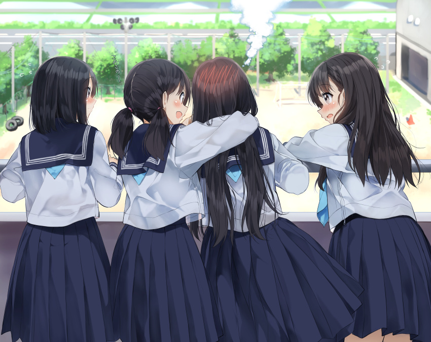 4girls :d absurdres arm_around_neck black_hair blue_neckerchief blue_sailor_collar blue_skirt blurry blurry_background blush closed_mouth commentary_request cowboy_shot day depth_of_field facing_away fence flying_sweatdrops friends from_behind grey_eyes group_picture hair_between_eyes head_steam highres horn_speaker long_hair looking_at_another looking_to_the_side low_twintails medium_hair multiple_girls neckerchief open_mouth original outdoors pentagon_(railgun_ky1206) pleated_skirt profile public_address_system road sailor_collar school_uniform school_yard serafuku shirt skirt smile tire traffic_cone translated tree twintails very_long_hair wavy_mouth white_shirt