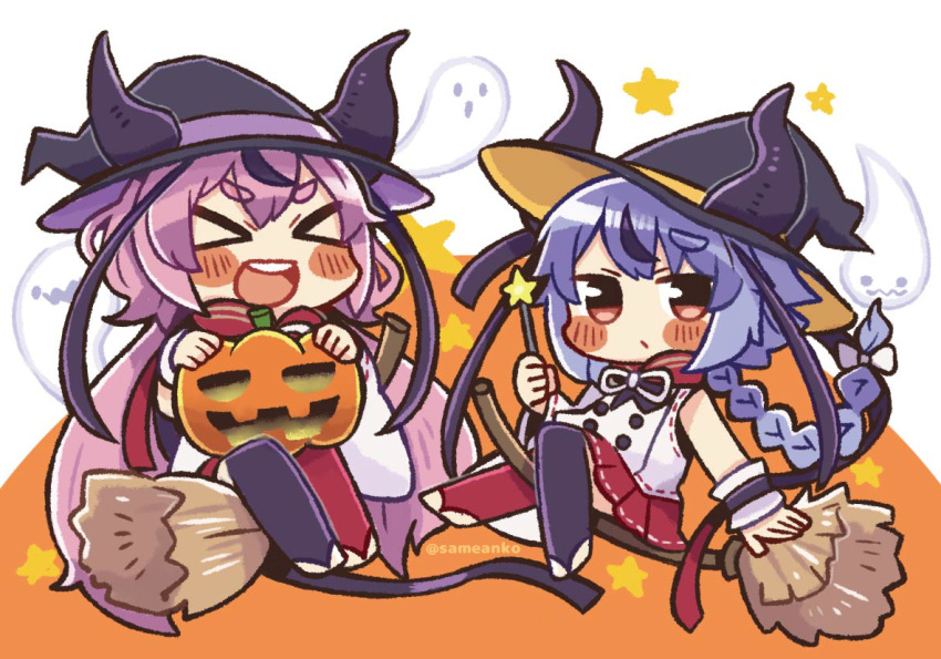 >_< 2others asymmetrical_legwear asymmetrical_sleeves black_thighhighs blue_hair blush_stickers broom broom_riding chibi closed_eyes commentary detached_sleeves facing_viewer food ghost halloween hat holding holding_food holding_pumpkin holding_vegetable holding_wand horns jack-o'-lantern japanese_clothes looking_at_viewer meika_hime meika_mikoto mismatched_legwear multiple_others open_mouth other_focus pink_eyes pink_hair pumpkin red_legwear red_skirt same_anko shirt skirt smile star_(sky) star_wand thick_eyebrows thighhighs uneven_sleeves vegetable vocaloid wand white_shirt wide_sleeves witch_hat