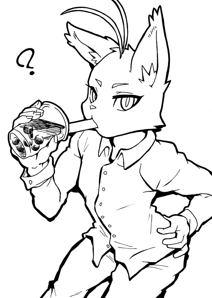 2019 beverage bubble_tea clothing domestic_cat dress_shirt felid feline felis gentleman hi_res kori-nio looking_at_viewer male mammal monochrome morenatsu pose question_mark questioning_look shin_(morenatsu) shirt solo straw_(disambiguation) tea topwear