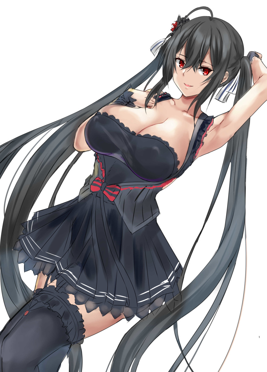 absurdres ahoge arm_up armpits azur_lane bare_shoulders black_dress black_hair black_thighhighs breasts cleavage crossed_bangs dress female hair_between_eyes hair_ribbon highres idol large_breasts long_hair official_alternate_costume red_eyes ribbon smile solo taihou_(azur_lane) taihou_(muse)_(azur_lane) thighhighs twintails uchida_shou very_long_hair wrist_cuffs