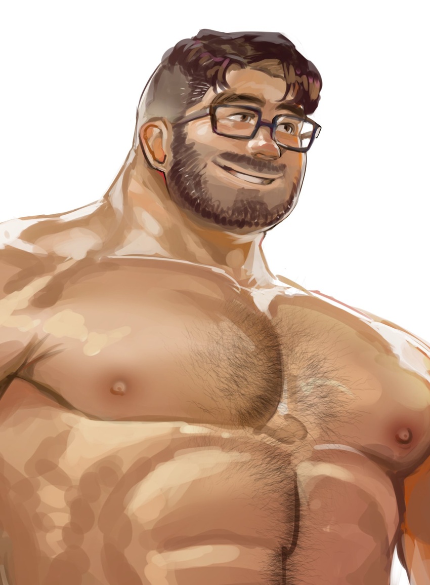 1boy abs bara beard chest_hair chivo_(kalchivo) commentary completely_nude facial_hair glasses hairy highres large_pectorals looking_to_the_side male_focus mature_male muscular muscular_male nipples nude original pectoral_focus pectorals short_hair simple_background smile solo symbol-only_commentary undercut upper_body