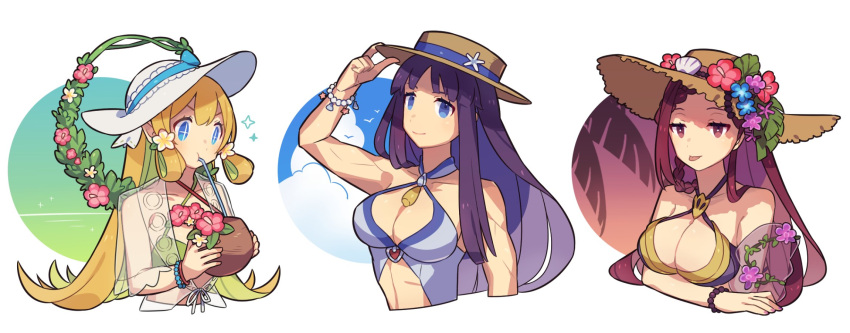 +_+ 3girls altina_(fire_emblem) altina_(summer)_(fire_emblem) bare_shoulders bikini blonde_hair blue_eyes breasts brown_headwear casual_one-piece_swimsuit cleavage coconut commentary drinking_straw drinking_straw_in_mouth fire_emblem fire_emblem:_radiant_dawn fire_emblem_heroes flower green_bikini grey_one-piece_swimsuit haconeri hair_flower hair_ornament hat hat_flower highres large_breasts loki_(fire_emblem) loki_(summer)_(fire_emblem) long_hair multiple_girls official_alternate_costume one-piece_swimsuit purple_hair red_eyes red_hair see-through sun_hat swimsuit symbol-only_commentary tongue tongue_out upper_body white_headwear ymir_(fire_emblem_heroes) ymir_(summer)_(fire_emblem_heroes)