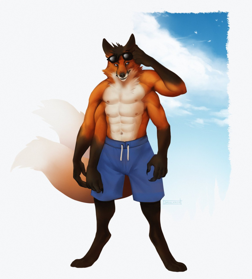 2_tails 4_arms 4_nipples 4_pecs anthro bottomwear canid canine chipfox clothing digitigrade eyewear fox hi_res male mammal multi_arm multi_limb multi_nipple multi_pecs multi_tail multifur nipples pecs red_fox shorts skollyson solo standing sunglasses tail true_fox