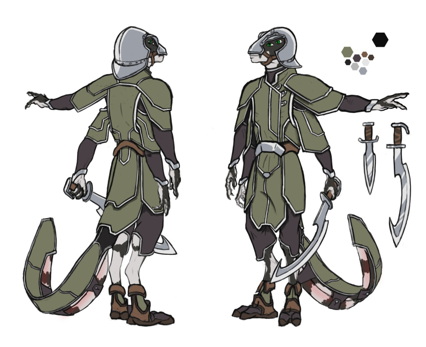 2023 3_fingers 4_arms 4_eyes alien anthro armor biped claws clothed clothing color_swatch colored dagger darth_biomech fingers furgonomics green_clothing green_eyes grey_helmet headgear helmet hi_res male melee_weapon multi_arm multi_eye multi_limb raharr solo sword tail tail_clothing weapon