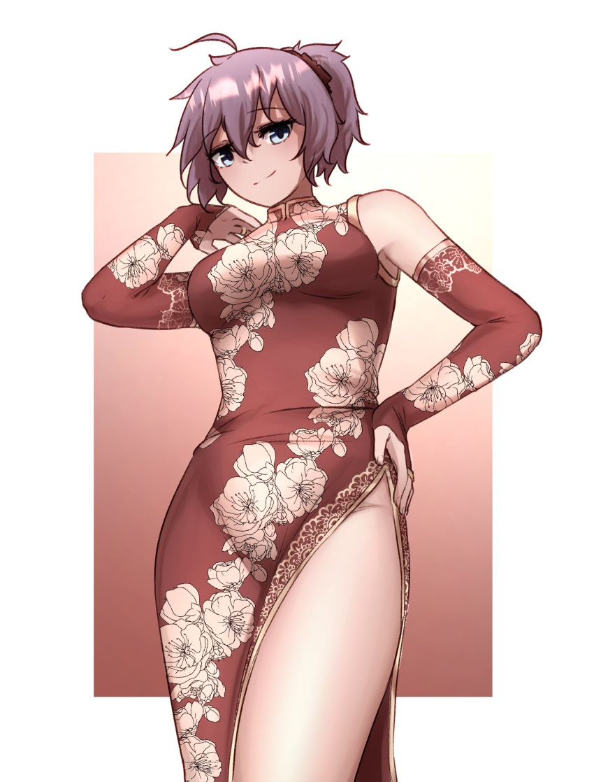 absurdres alternate_costume aoba_(kancolle) blue_eyes bridal_gauntlets china_dress chinese_clothes cowboy_shot detached_sleeves dress female floral_print hair_ornament hair_scrunchie highres ikadamo kantai_collection messy_hair ponytail purple_hair red_dress red_scrunchie scrunchie side_slit skin_tight solo standing