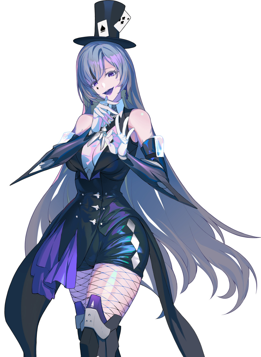 absurdres black_hair breasts female guratan highres large_breasts lilith_(punishing:_gray_raven) long_hair mechanical_arms open_mouth poker punishing:_gray_raven purple_eyes solo very_long_hair white_background