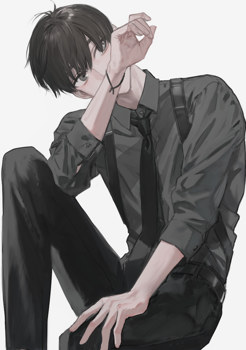 1boy absurdres black_hair black_necktie black_pants grey_background grey_eyes grey_shirt head_tilt highres hirota_tsuu long_sleeves looking_at_viewer male_focus necktie original pants shirt simple_background sitting solo usuzumi_kei