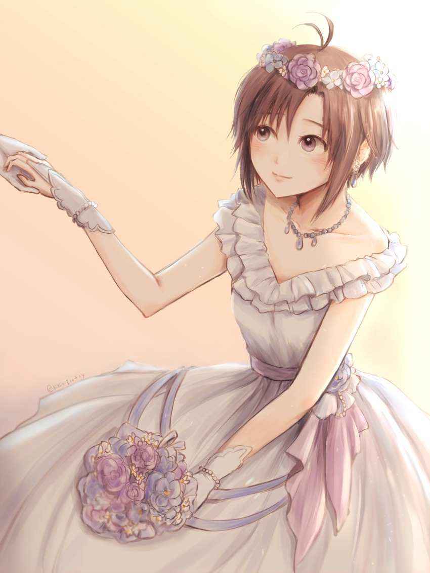 1other antenna_hair black_hair bouquet dress earrings female flower grey_eyes highres holding_hands idolmaster idolmaster_(classic) iso_(nh15mint) jewelry kikuchi_makoto short_hair solo_focus wedding_dress