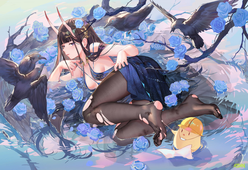 animal atdan azur_lane bare_arms bare_shoulders bird black_hair blue_dress blue_flower breasts dress feet female flower grey_legwear halter_dress highres horns long_hair looking_at_viewer manjuu_(azur_lane) medium_breasts no_bra no_shoes noshiro_(azur_lane) noshiro_(the_gala's_sanctuary)_(azur_lane) oni_horns pantyhose parted_lips purple_hair raven_(animal) rose sleeveless sleeveless_dress solo spaghetti_strap thighs torn_clothes torn_legwear tree_branch very_long_hair water