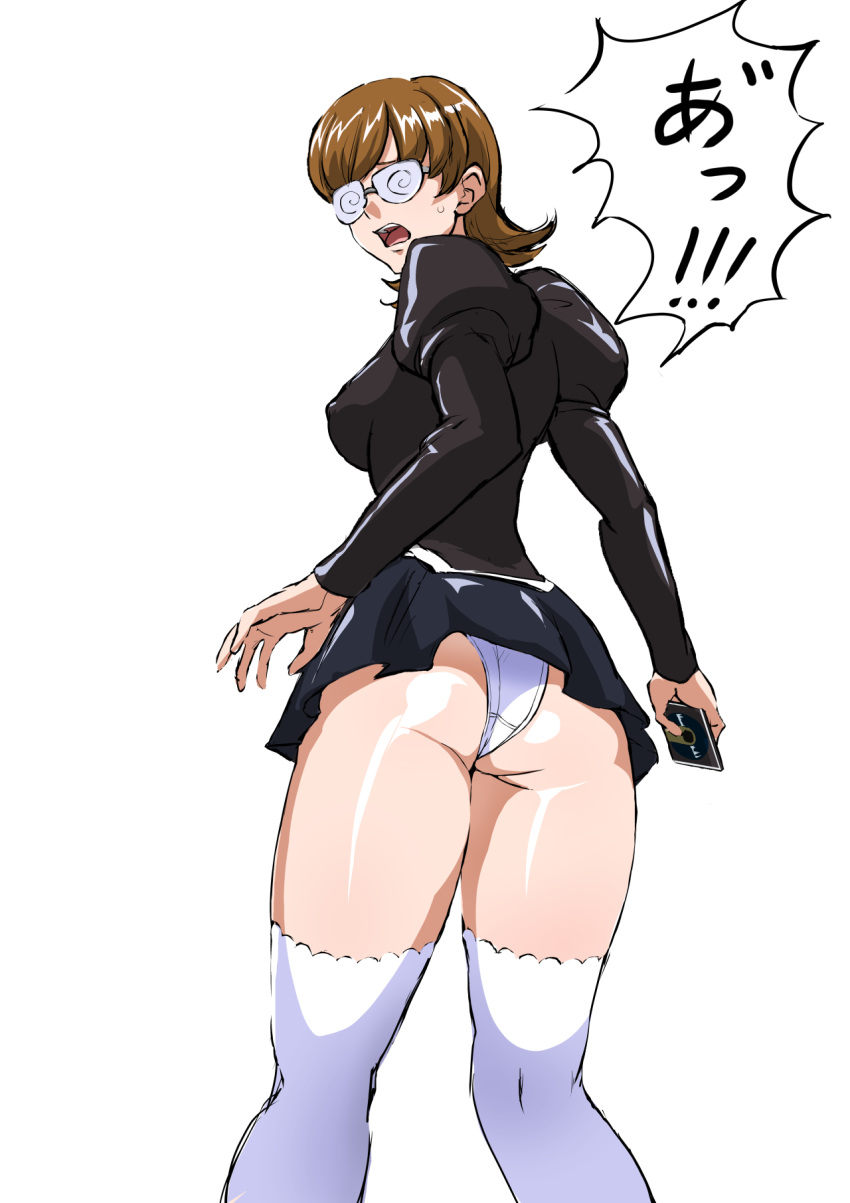 agent_aika aika_(series) ass black_delmo black_jacket black_skirt breasts brown_hair commentary_request crotch_seam delmogeny_uniform female floppy_disk from_behind glasses glasses_delmo highres holding jacket juliet_sleeves long_sleeves mamesi_(suhk8583) medium_breasts open_mouth panties pantyshot pleated_skirt puffy_sleeves short_hair skirt solo speech_bubble standing thighhighs underwear uniform white_panties white_thighhighs