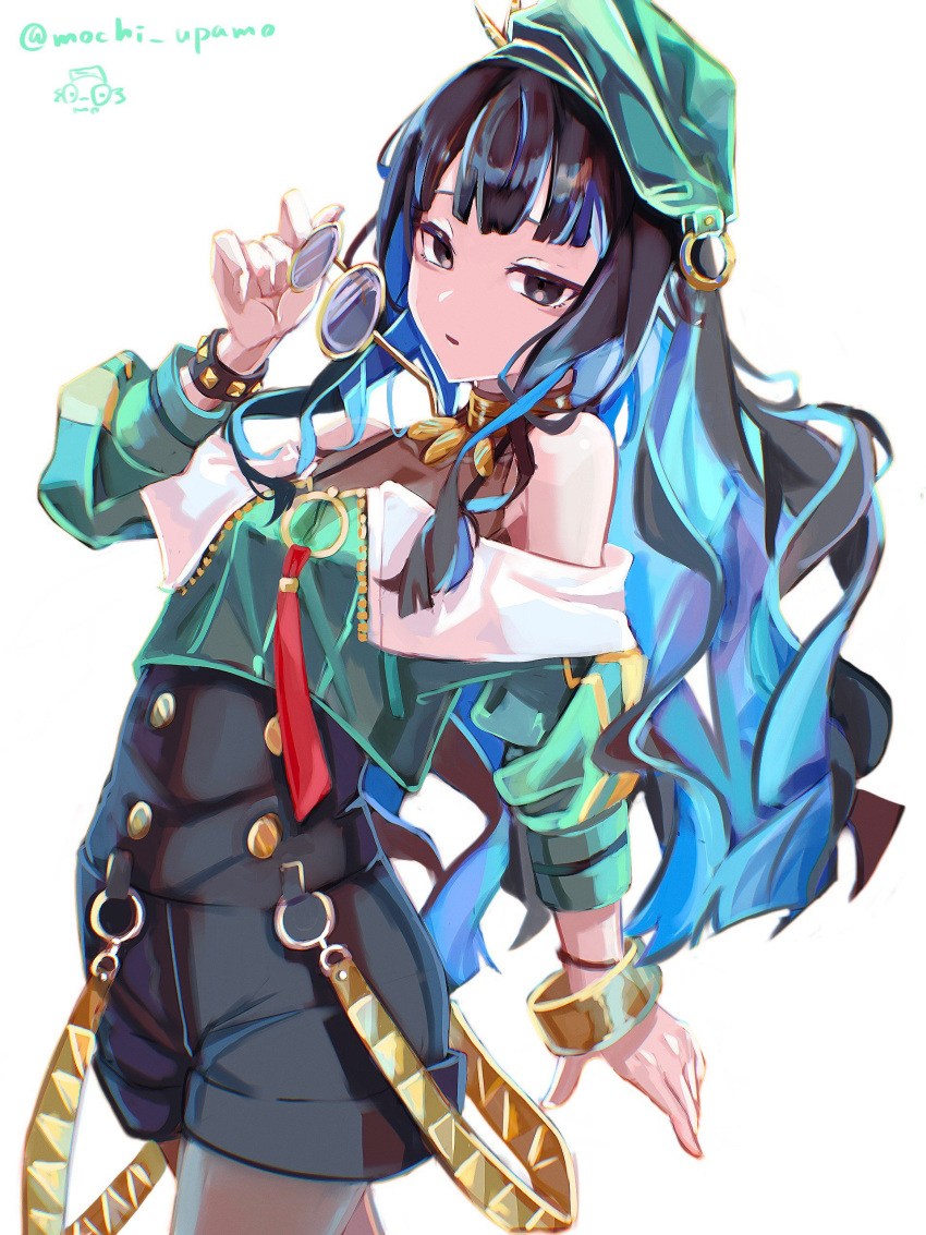 absurdres bare_shoulders beret black_hair black_shorts blue_hair bracelet breasts buttons colored_inner_hair double-breasted eyeliner fate/grand_order fate_(series) female green_hat green_jacket grey_eyes hat highres jacket jewelry long_hair looking_at_viewer makeup mochi_upamo multicolored_hair neck_ring o-ring off_shoulder open_mouth round_eyewear shorts sidelocks small_breasts solo sunglasses tenochtitlan_(fate) tenochtitlan_(second_ascension)_(fate) thighs unworn_eyewear wavy_hair zipper